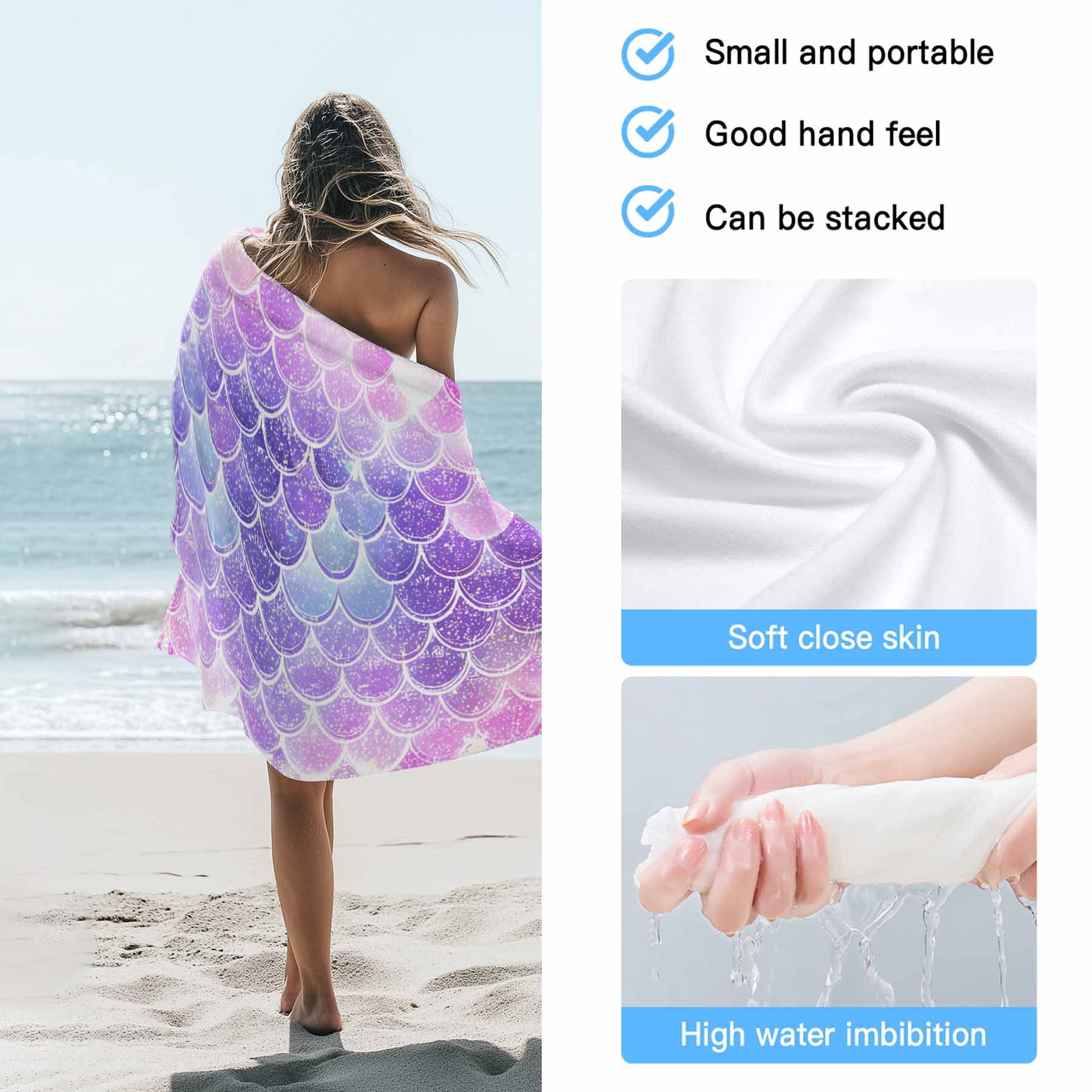 Purple Pink Mermaid Scales Beach Towels Blanket Soft&Absorbent Quick Dry Microfiber Gradual Fish Scale Pattern Pool Towels for Swimming ,Yoga, Sports, Gym, Camping,Large 35X70in,