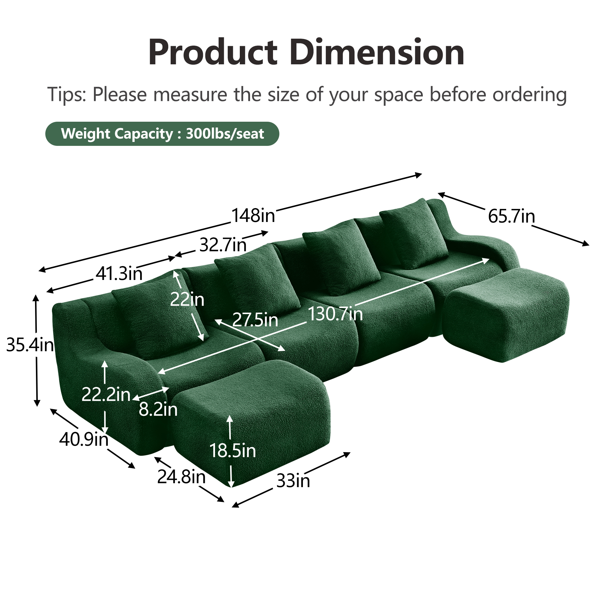 Alvantor Sectional Sofa with Reversible Ottoman U-Shaped 148" W 4-Seater Teddy Boneless Couch Modern Deep Seat Cloud Sofa for Living Room Green