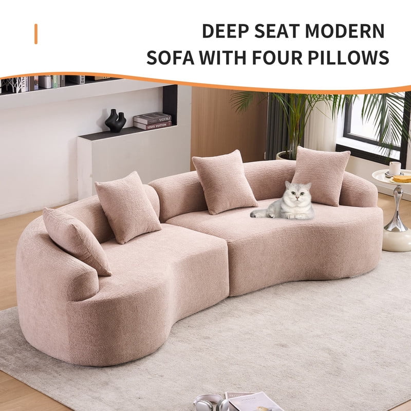 Curved Sectional Sofa with 4 Throw Pillows, Modern Luxury Chenille 4-Seater Cloud Couch with Deep Seat for Living Room, No Assembly Needed