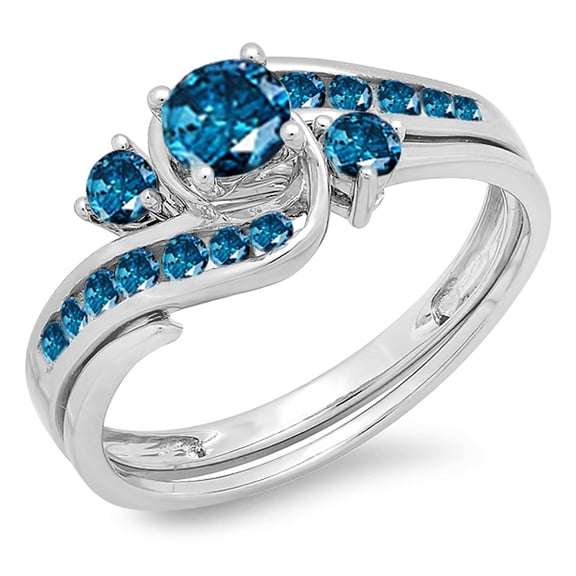 Dazzlingrock Collection Round Blue Diamond Swirl Bridal Engagement Ring Set for Women 7/8 CT (0.90 ct. Color Blue in Clarity I2-I3) in 14K White Gold in Size 7