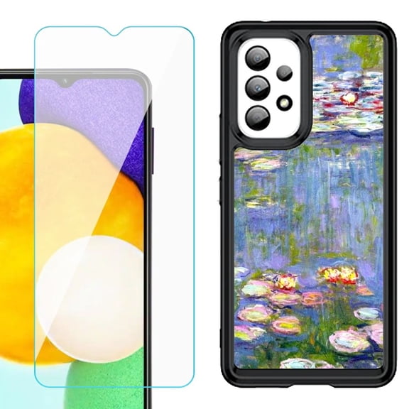 Shockproof Bumper (Black Frame) phone Case for Samsung Galaxy A23 5G, with Tempered Glass Screen Protector, by OneToughShield ® - Water Lilies