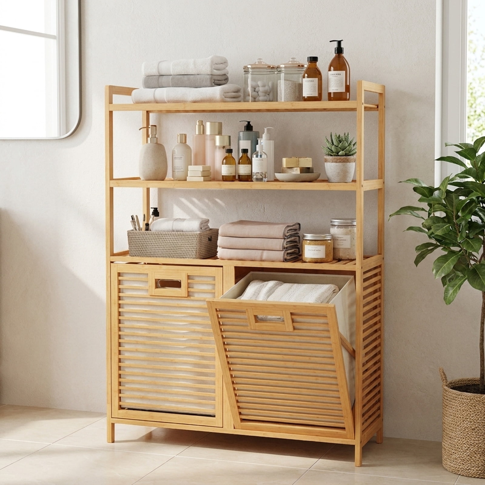 Vebreda Laundry Hamper with 2 Removable 7-Gallon Baskets, Double Tilt-Out Laundry Hamper Cabinet with 3 Open Shelves, Natural Bamboo