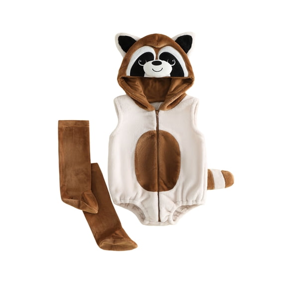 Cjfdfy Newborn Baby Boy Girls Halloween Raccoon Costume Outfit Raccoon Fleece Sleeveless Hooded Romper With Stockings Set Cute Baby Animal Halloween Fall Winter Clothes 0-18 Months