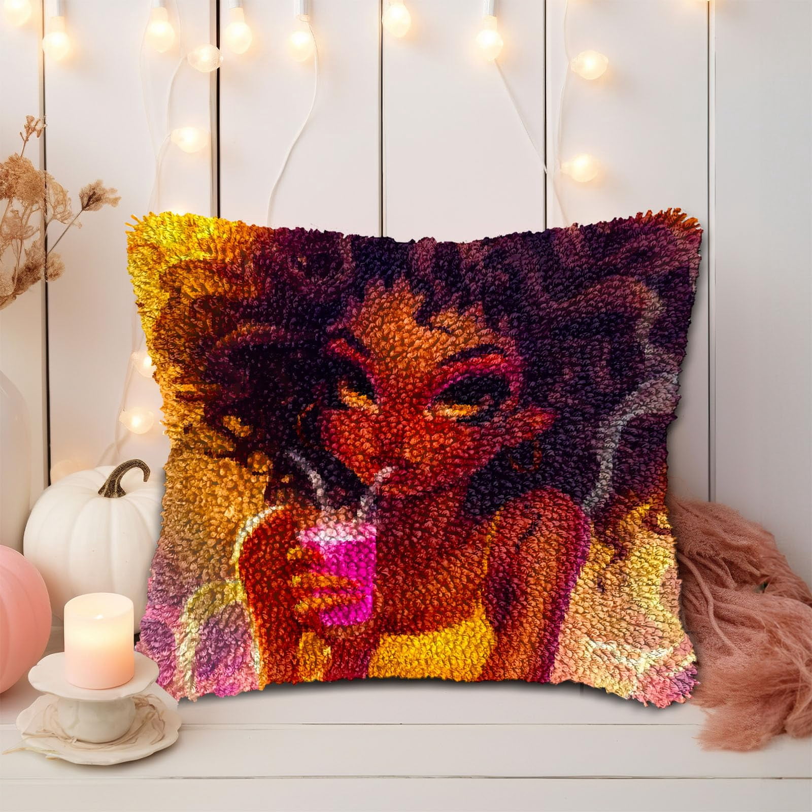 Cartoon African Woman Drink DIY Latch Hook Pillow Kits for Adults Printed Pillowcase Crochet Yarns Hooking Handmade Pillow Cover Cushion for Home Sofa Decoration 17x17inch