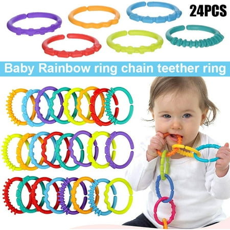 alextreme 24Pcs Children Kids Baby Teether Rainbow Abs Ring Links Infant Stroller Gym Play Mat Toys