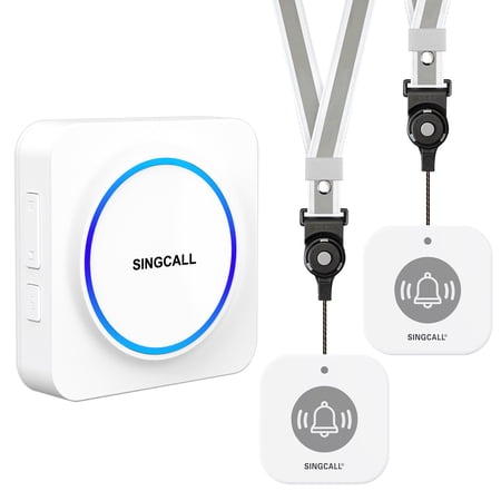 SINGCALL Wireless Caregiver Pager Panic Alarm System Personal Alarm for Elderly/Care Home/Hospital 32 Chimes 1 Rechargeable Portable Receiver+ 2Panic Call Button