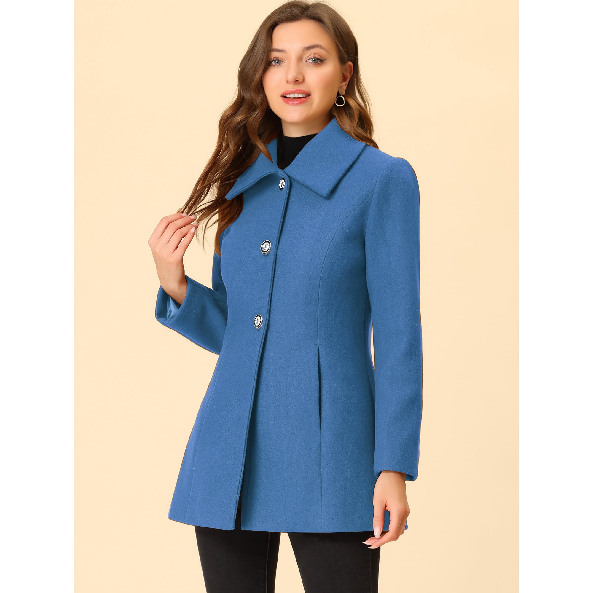 Turn Down Collar Overcoat A Line Single Breasted Winter Coat Blue XS