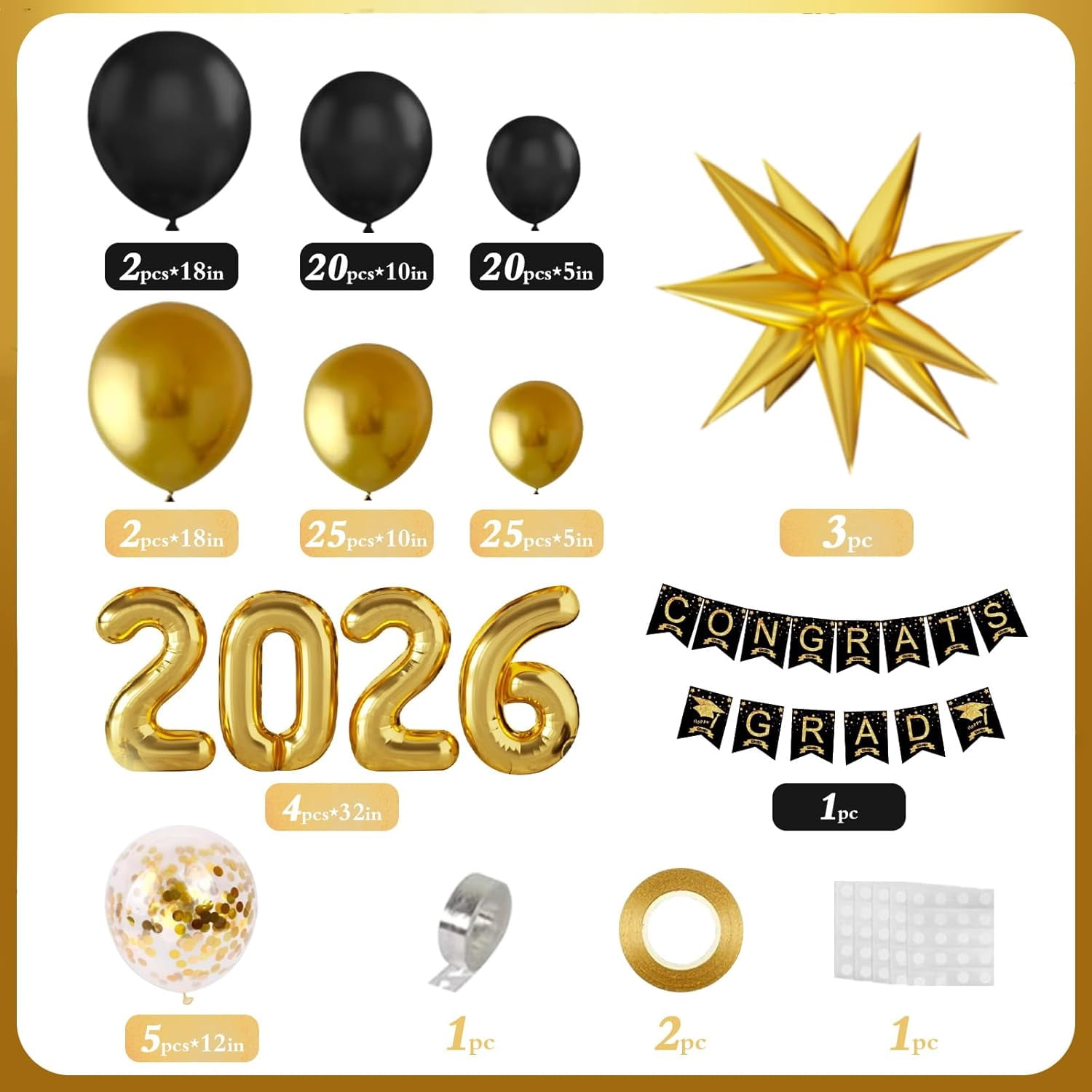 Graduation Decorations 2026 Black and Gold, Party Balloon Arch Kit, Gold Balloons Class of 2026, Banner Kit