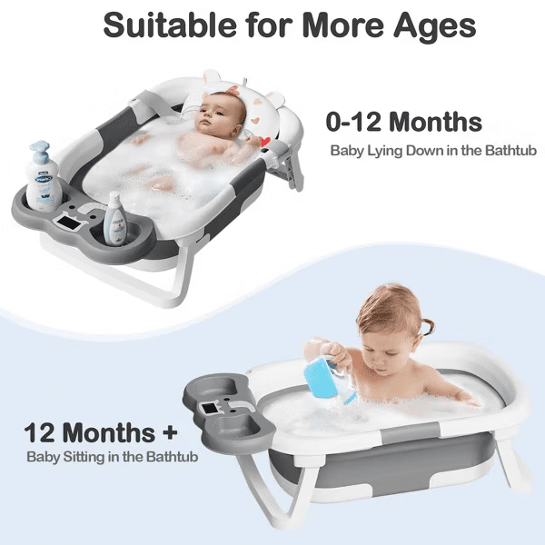 TUMAJUP Foldable Baby ‎Bathtub Elephant PP+TPE with Soft Cushion&Thermometer for 0-36 Months Toddler Gray
