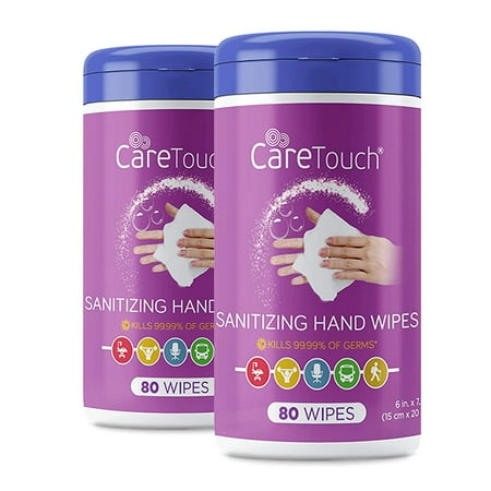 Care Touch Hand Sanitizing Wipes (2 Canisters) | 160 Antiseptic Wipes in a Moisture-Lock Canister - 75% Ethyl Alcohol Saturation | for Home and Office Use