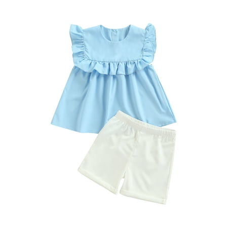 

Canrulo Toddler Baby Girl Solid Color Sleeveless Ruffled Tank Tops + Elastic Waist Shorts 2Pcs Summer Outfits Blue 18-24 Months