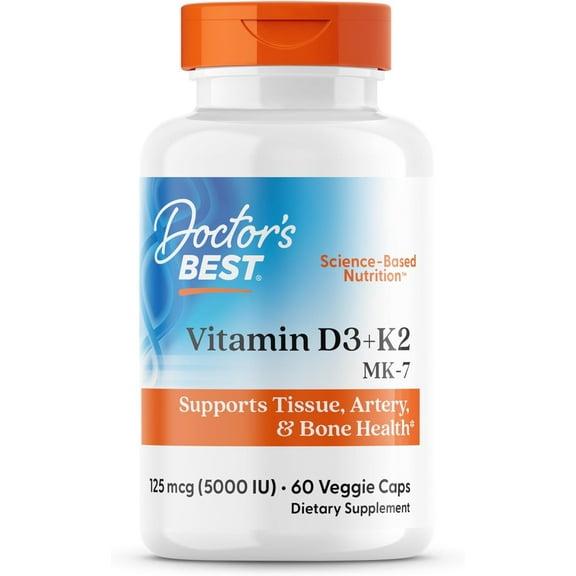 Doctor's Best Vitamin D3   K2 (Vitamin K2 as MK-7), Supports Bone, Tissue, & Arterial Health, Calcium Absorption • Non-GMO • Gluten Free • Vegetarian, 5000 IU, 60 Veggie Caps