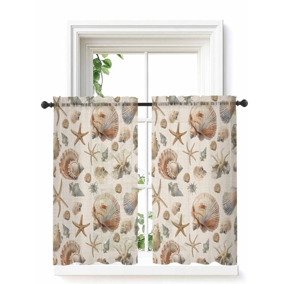 Seashell Coastal Curtains 54 Inch Length, Sheer Curtains for Bedroom Living Room Window Summer Beach Ocean Starfish Burlap Rod Pocket Voile Drapes Kitchen Curtains Small Half Window 42"x54" 2 Panels