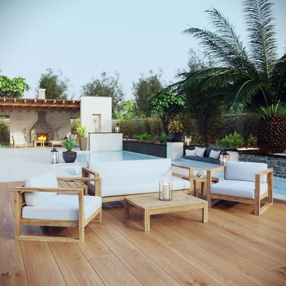 Modway Upland 6-Piece Wood Patio Sofa Set in Natural and White