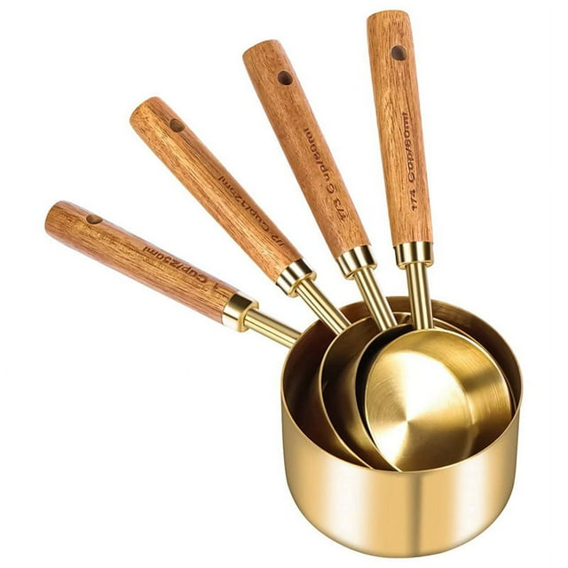Tazas y cucharas medidoras 8 unidades, mango de madera con medidas métricas y estadounidenses, acero inoxidable, para cocinar y hornear