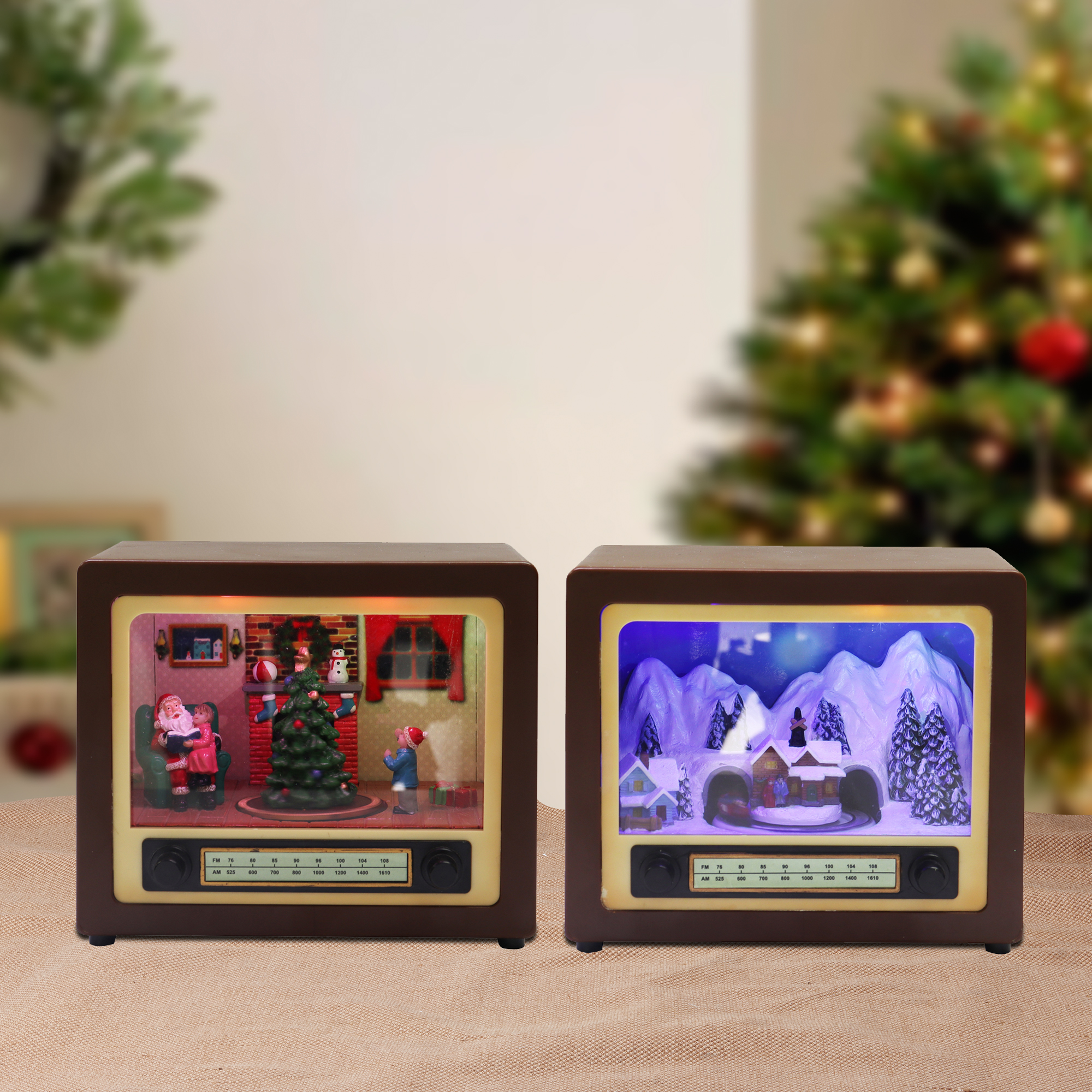 Holiday Time Brown LED Musical Retro Radio Decor, Animated Christmas Tree & Train Station Scene, 5.3”H