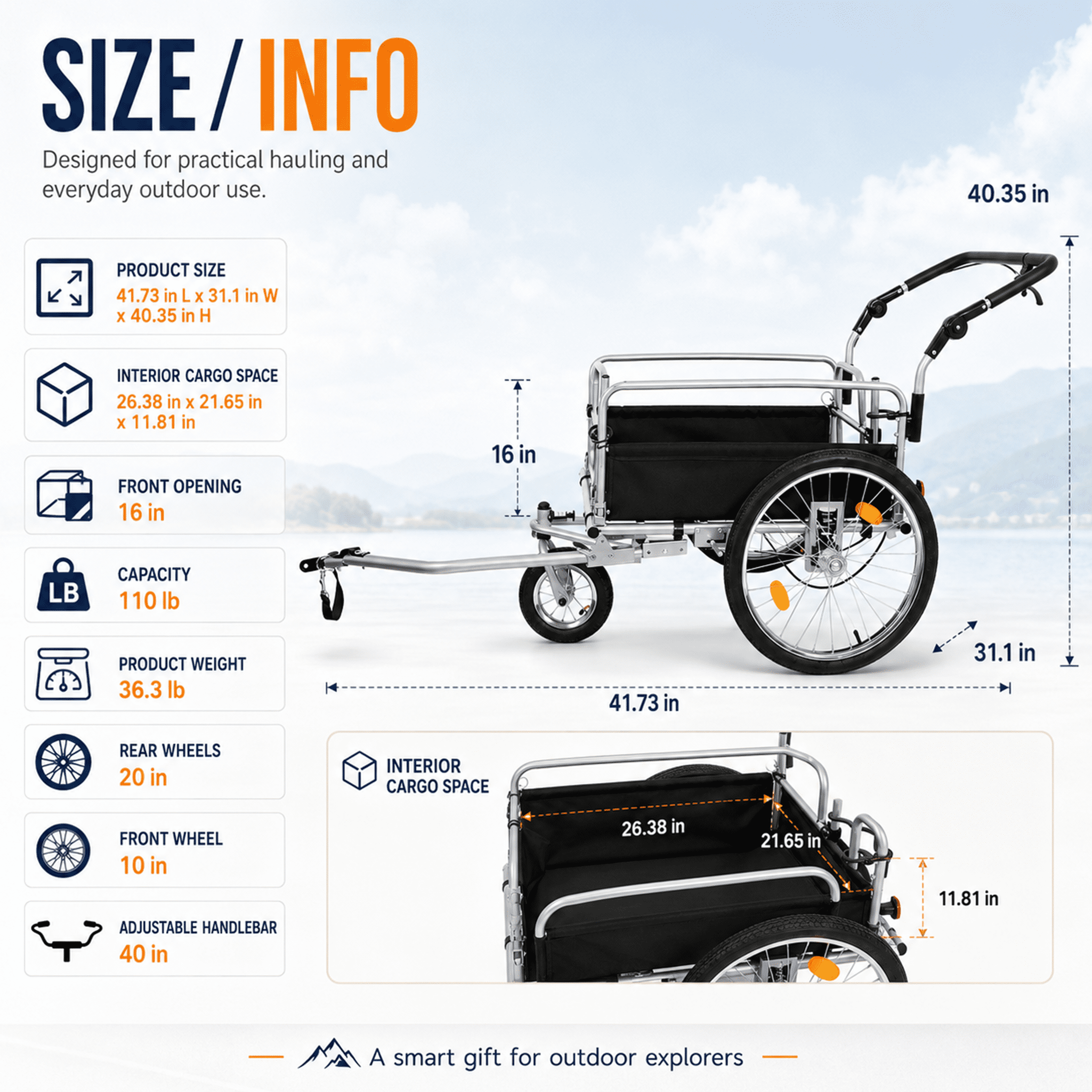 3-in-1 Heavy Duty Bike Cargo Trailer, E-Bike Compatible Bicycle Utility Cart with Stroller & Pull Cart Function, 110 lbs Capacity, Suspension, 20" Wheels, Black Gray