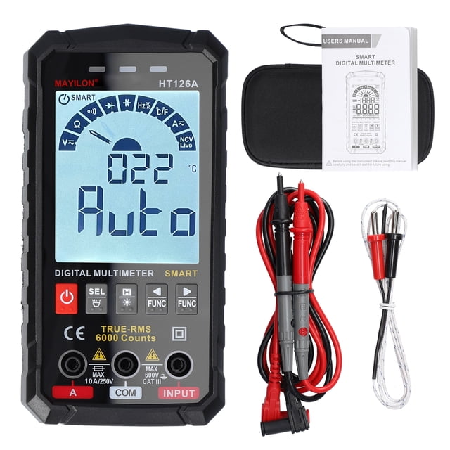 Multimetro MAYILON HT126A Multímetro digital inteligente portátil de mano Pantalla grande TN Pantalla de 6000 cuentas NCV Medición de valor eficaz verdadero con luz de fondo Retención de datos Corrien MAYILON Multimetro