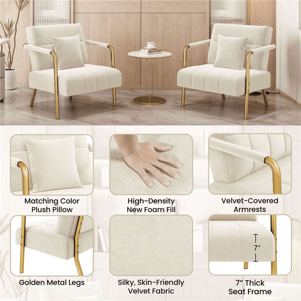 Renwick Velvet Upholstered Accent Armchair with Gold Metal Frame, Beige