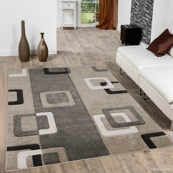 Allstar Brown / Beige Modern Geometric square Contemporary design Area Rug (7' 9" x 10' 5")