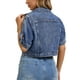 thumbnail image 3 of CHAQUETA DE JEAN AZUL PARA MUJER, CORTA, DE MANGA CORTA, CON BOTONES Y DESGASTADA, TALLA M, 3 of 6