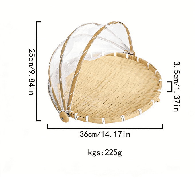 Mesase 3-Piece Bamboo Food Serving Basket Set with Mesh Covers - Hand-Woven Insect-Proof Trays for Fruit, Veg, Bread & Drying (S/M/L) - Also Available Individually