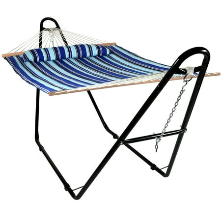 Sunnydaze Double Quilted Fabric Hammock with Multi-Use Universal Steel Stand - 450 lb Weight Capacity - Catalina Beach Striped