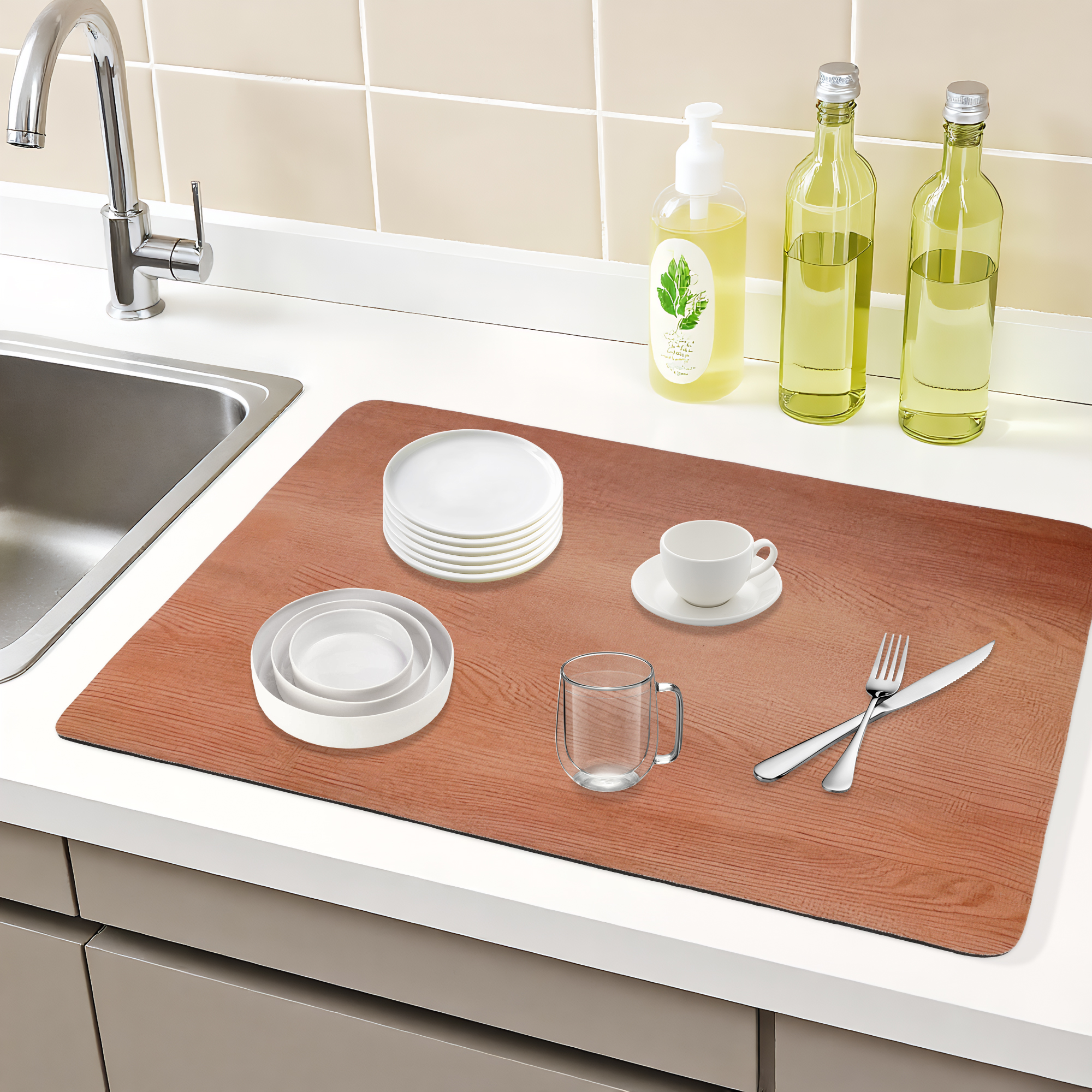 Unique Bargains Solid Dish Drying Mats for Kitchen Counter Light Brown 19.7*15.7 inch