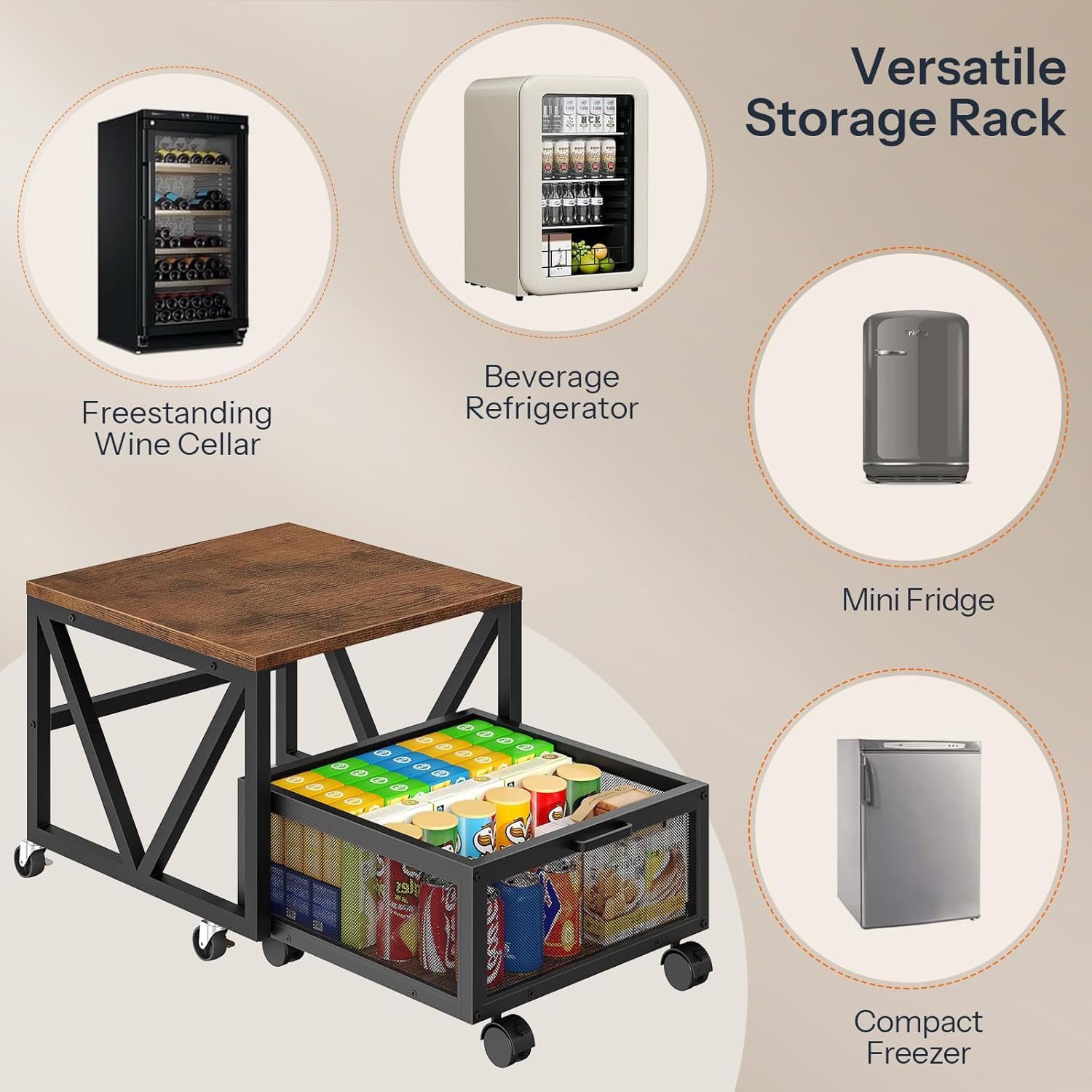 Mini Fridge Stand with Movable Storage Basket and Wheels, Sturdy Metal Frame for Home Office Dorm Rustic Brown Black