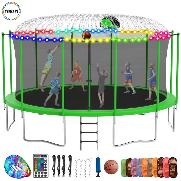 YORIN 1500LBS 16FT for Adults/Kids, Outdoor Trampoline with Enclosure Net, Basketball Hoop, Sprinkler, LED Lights, Wind Stakes, Ladder, ASTM Approved Recreational for Backyard - Walmart.com
