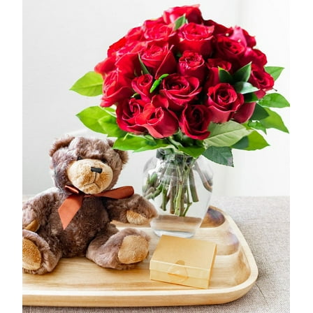 From You Flowers - 24 Red Roses with Chocolates & Teddy Bear in a Glass Vase (Fresh Flowers)