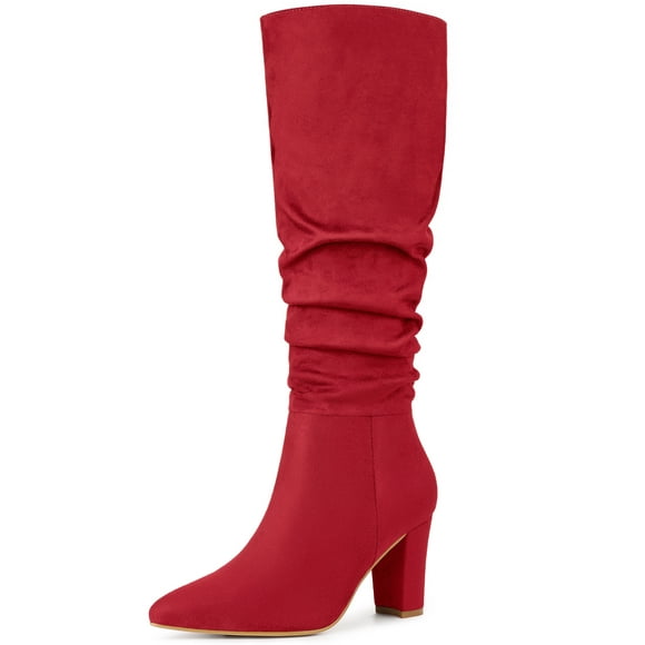 Unique Bargains Women's Slouch Pointed Toe Chunky Heel Knee High Boots Red (Size 9)