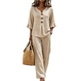 thumbnail image 3 of Boho Button-Front V-Neck Ruffle Sleeve Two-Piece Set for Women, Lightweight Wide Leg Pants & Top Outfit - Summer Vacation Beach Resort Casual Loungewear Khaki XXXL, 3 of 5