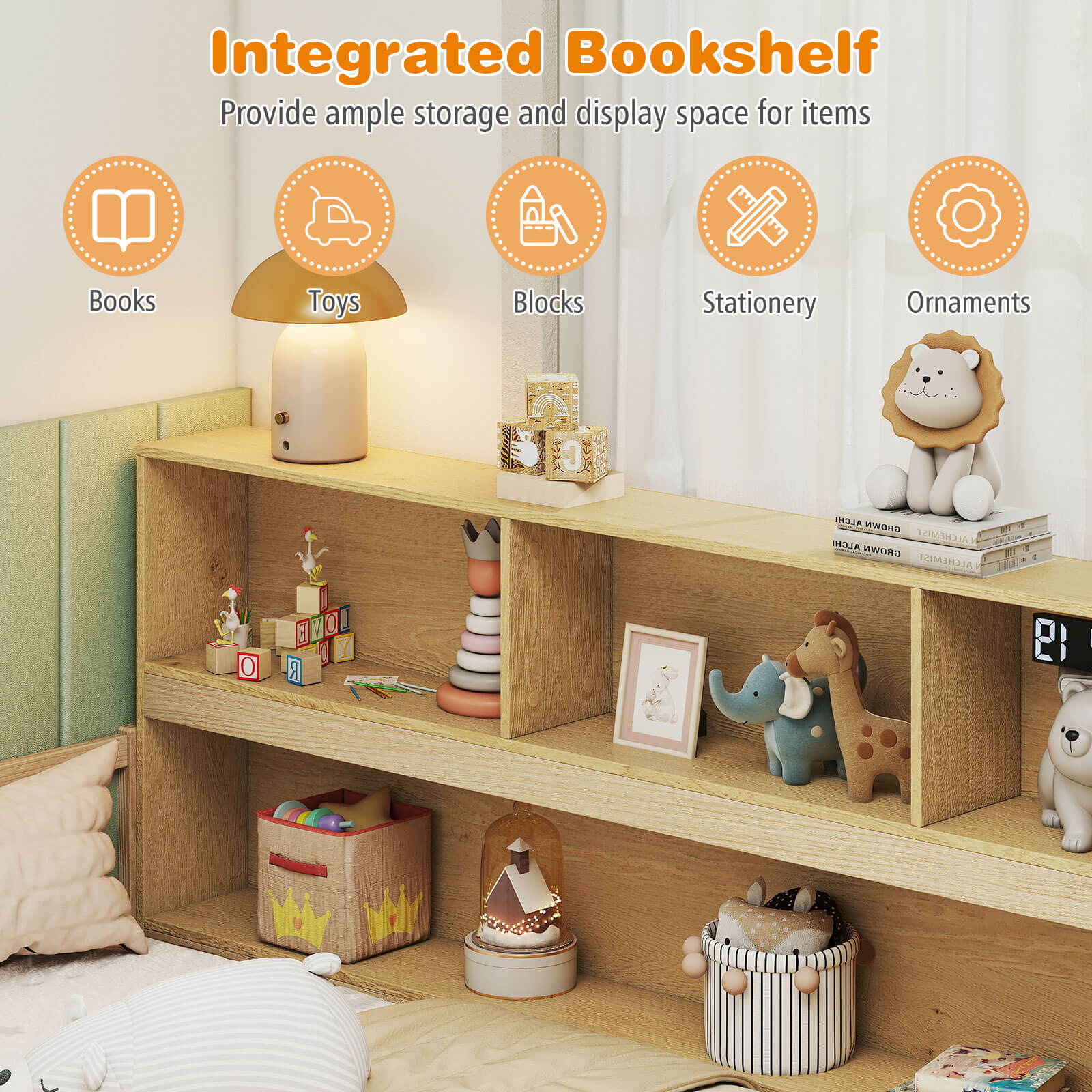 Costway Full Size Montessori Floor Bed with Bookcase Storage Shelves & Safety Fence Rails Natural