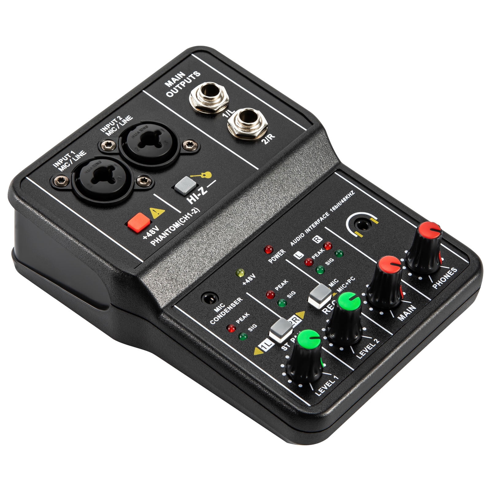 Compact 2-Channel Audio Mixer with 48V Phantom Power - High Precision Sound Quality for Home KTV, Recording & Live Events