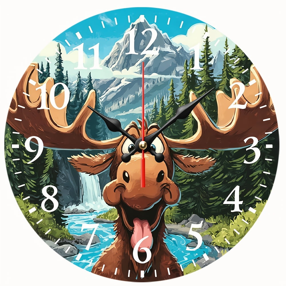 2D Flat Wooden Wall Clock,Cartoon Moose Mountain Wall Clock,Silent Non‑Ticking Round Wall Clock,for Cabin, Lodge, Living Room Decoration,AA Battery Not Included