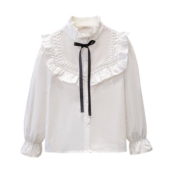 RFQWOVSR Girls White Cotton Long Sleeve Shirt Spring Layering Turn Down Neck Top 7-8 Years