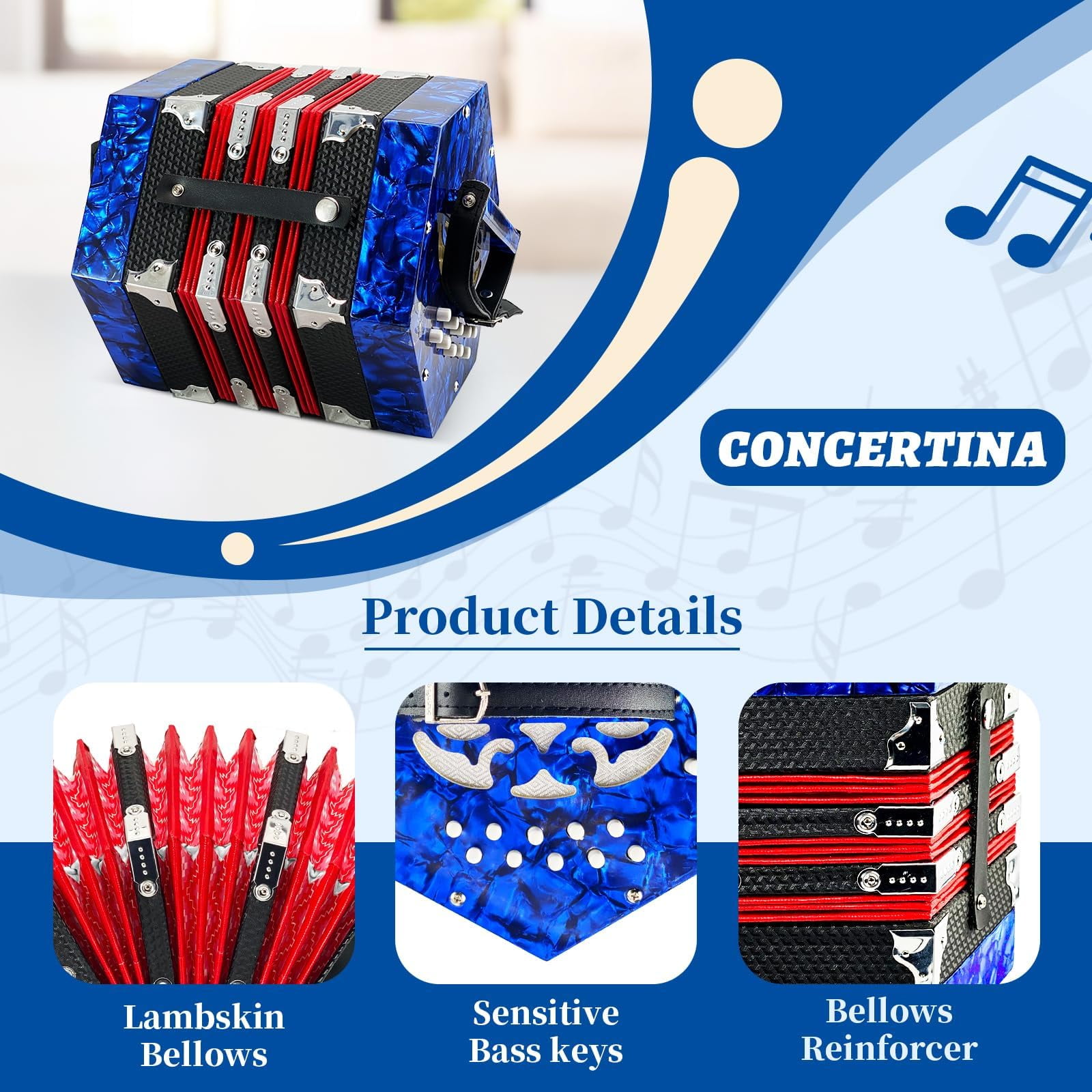 Concertinas,20-Key Accordion for Adults, Professional Accordion for Beginners, Adjustable Hand Straps, Instrument Accessories (Blue)