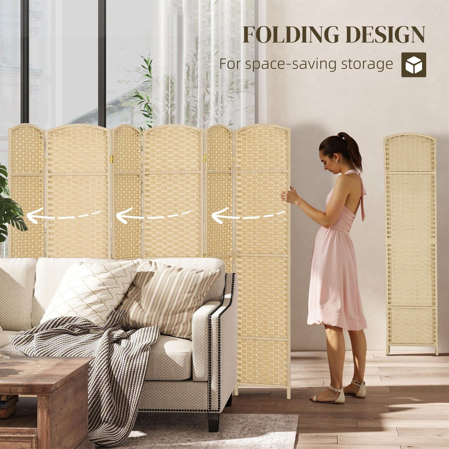 Demi Bonn 6-Panel Foldable Room Divider Screen with 5.6ft Tall Privacy Screen, Space Partition for Home Office, Freestanding Screen Wall, Beige