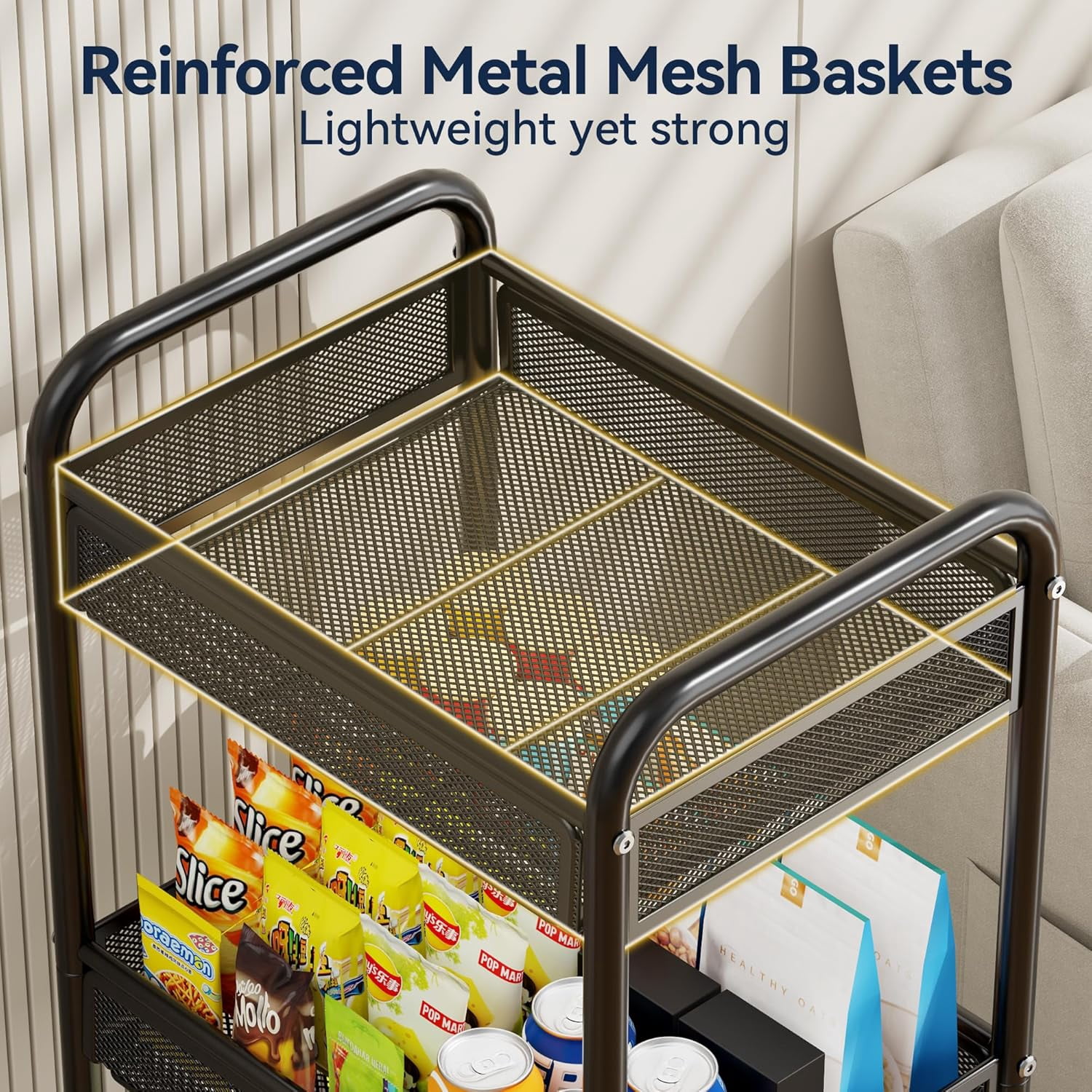 3 Tier Rolling Cart – Metal Utility Storage Cart with Wheels, Craft Cart Organizer with Hanging Cups, Hooks, Mesh Basket for Bedside Kitchen Office Art, Black