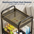 thumbnail image 5 of 3 Tier Rolling Cart – Metal Utility Storage Cart with Wheels, Hanging Cups, Hooks, Mesh Basket for Bedside Kitchen Office Art, Black, 5 of 7