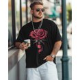 thumbnail image 3 of Men's T Shirts, Romantic Dark Red Ribbon Rose Floral T-Shirt for Men Crew Neck Tees Cotton Tops, Black, M, 3 of 9