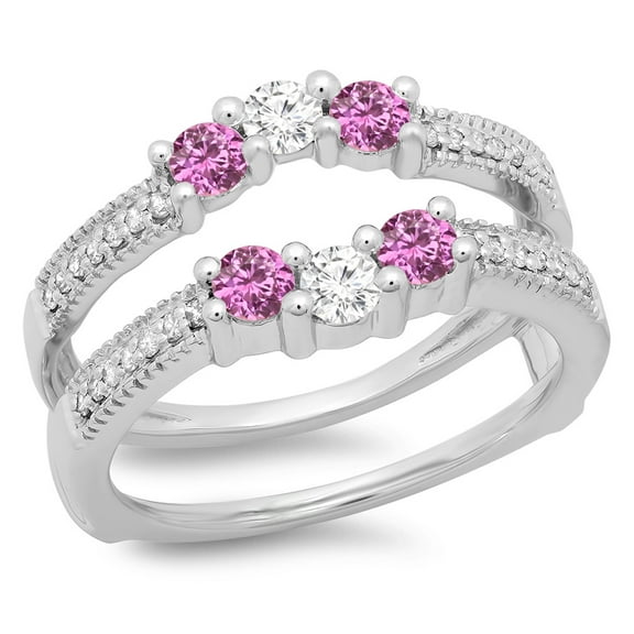 0.80 Carat (ctw) 10K White Gold Round Cut Pink Sapphire & White Diamond Ladies Anniversary Wedding Band 3 Stone Enhancer