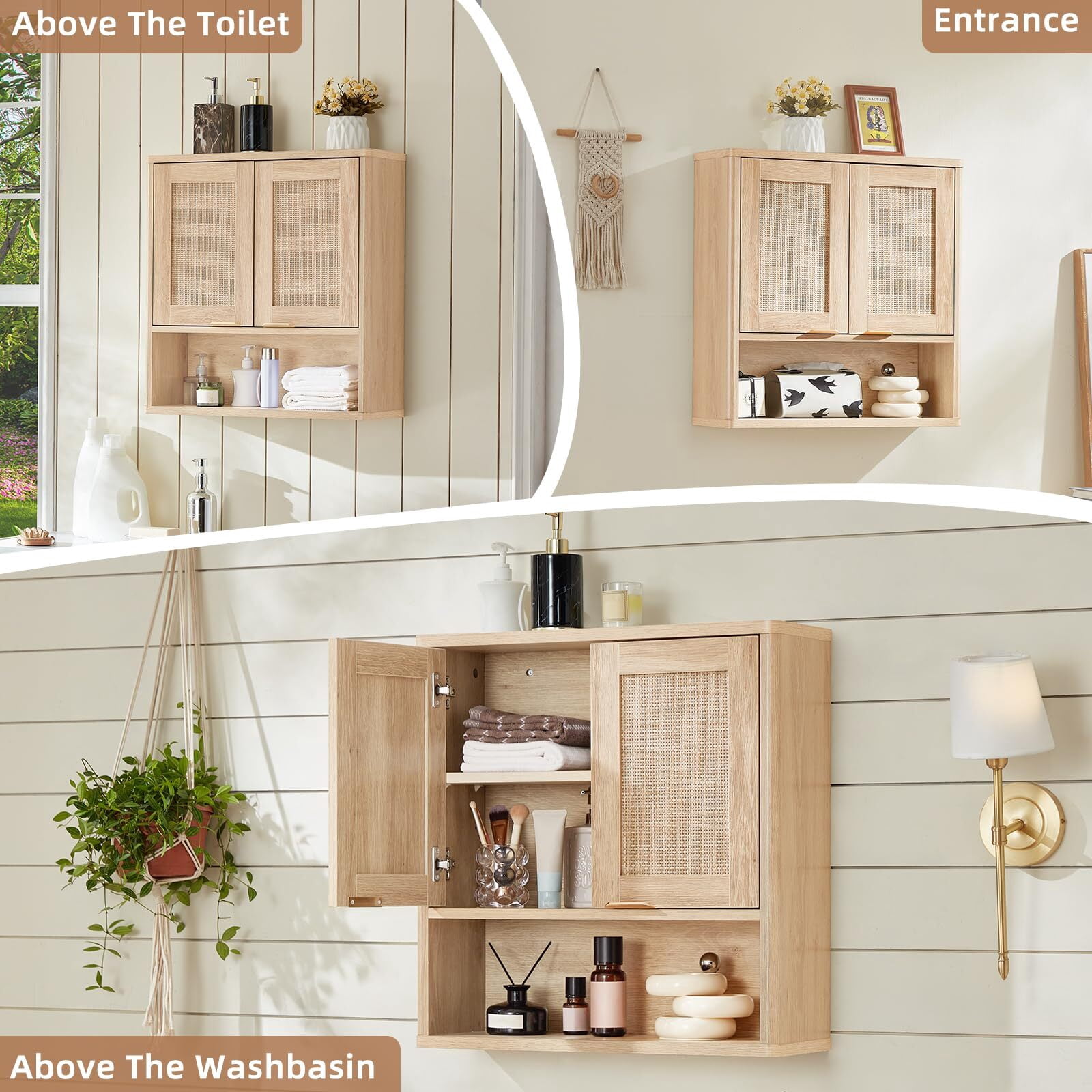 LELELINKY Rattan Wood Bathroom Wall Cabinet with Adjustable Shelf, Boho Medicine Cabinet for over Toilet Storage, Laundry Room, Natural