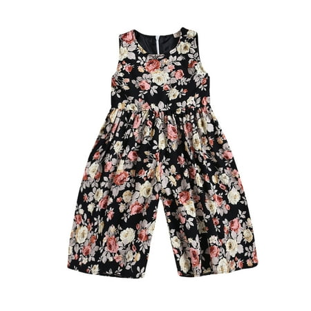 SAYOO Little Girls Summer Jumpsuit, Floral Round Neck Back Zip Jumpsuit ...