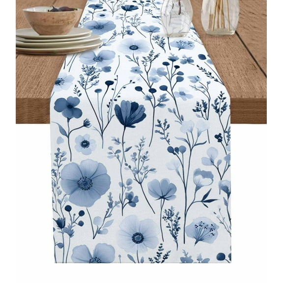 Table Runner Dresser Scarf 13 x 90 Inch Spring Watercolor Grey Blue Flower Leaves Floral Table Runners Non-Slip Heat Kitchen Dining Table Decor for Indoor Outdoor Home Party Decoration