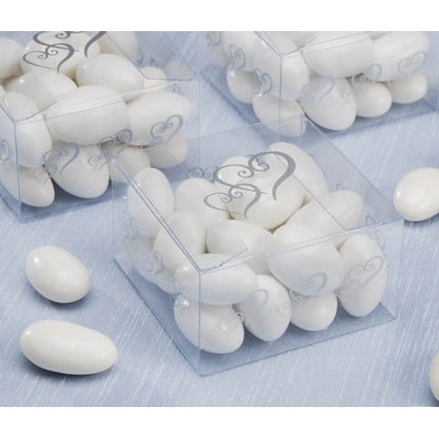 Clear Candy Favor Boxes: Silver Hearts, 2.5 x 2.5 x 1 inches, 12 pack