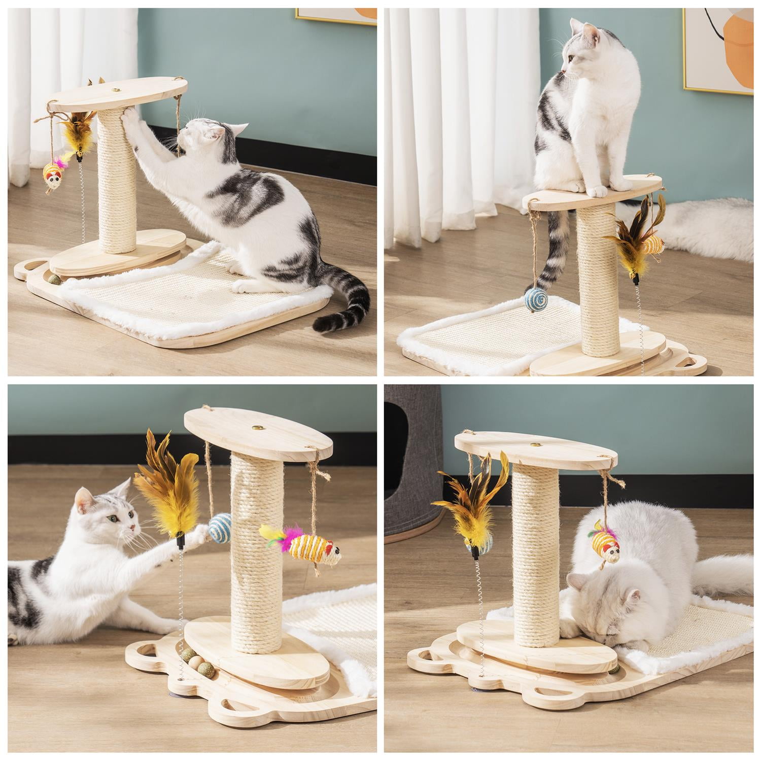 Pefilos 21 Inch Pets Cat Scratching Post Cat Scratcher Toy with Feather Stick and Mat Wooden 1-Layer Cat Turntable with 5 Interactive Balls and Dangling Ball Cat Toy, Beige Pefilos 21 Inch Pets Cat Scratching Post Cat Scratcher Toy with Feather Stick and Mat Wooden 1-Layer Cat Turntable with 5 Interactive Balls and Dangling Ball Cat Toy, Beige
