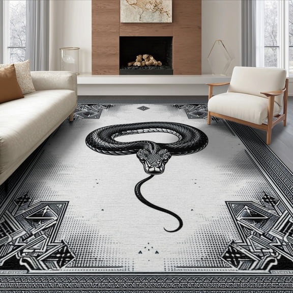 ODIKA 8'x10' Washable Area Rug Durable, Non-Slip Snake Serpent Retro Aesthetic With Bold Coiled Reptile Motif for Living Room, Under Sectional, Family