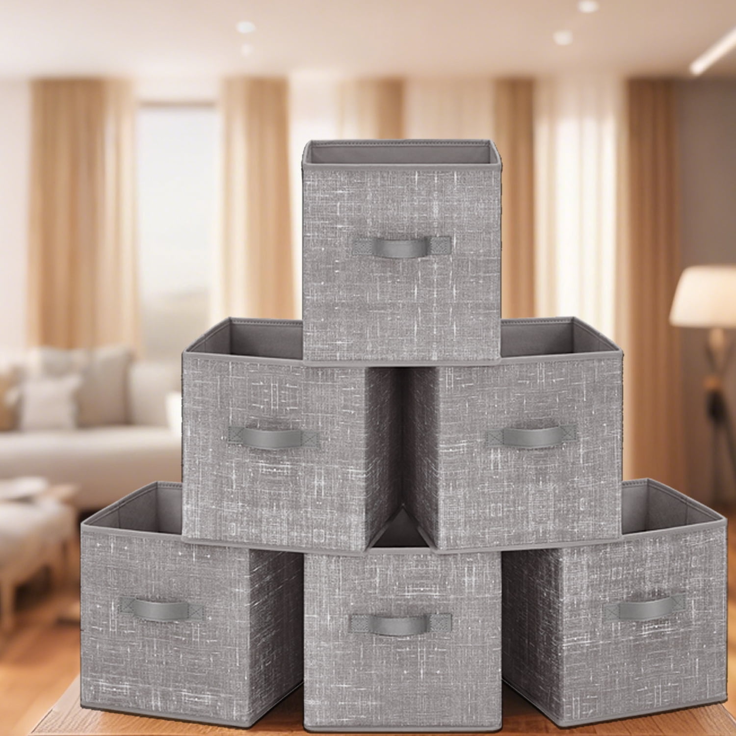 LEDREM 10.2" Storage Cubes Organizer - 6-Pack Foldable Fabric Bins with Double Handles, Shelving System for Clothes, Toys, Taupe
